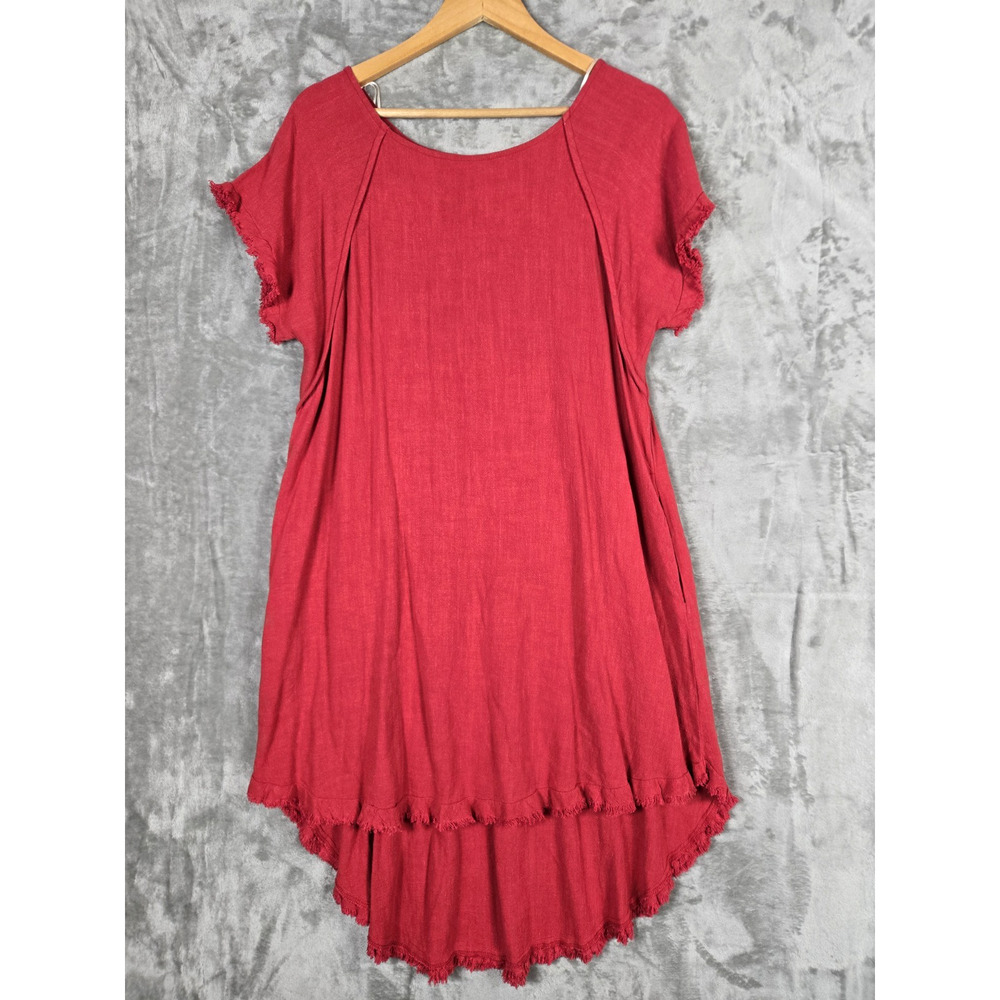 NWT Umgee Jester Hi Low Linen Blend Red Dress Raw Fringe Flowy Boho Size L